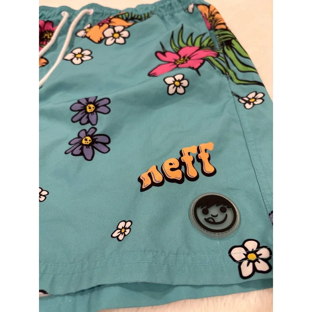 Neff Mens Teal Blue Tropical Floral Swim Trunks Board Shorts XL Hibiscus Palm